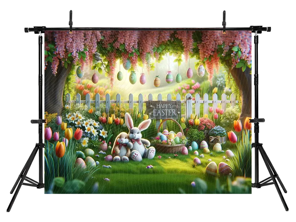 縮圖：色彩缤纷的复活节花园和兔子背景 - 工作室背景