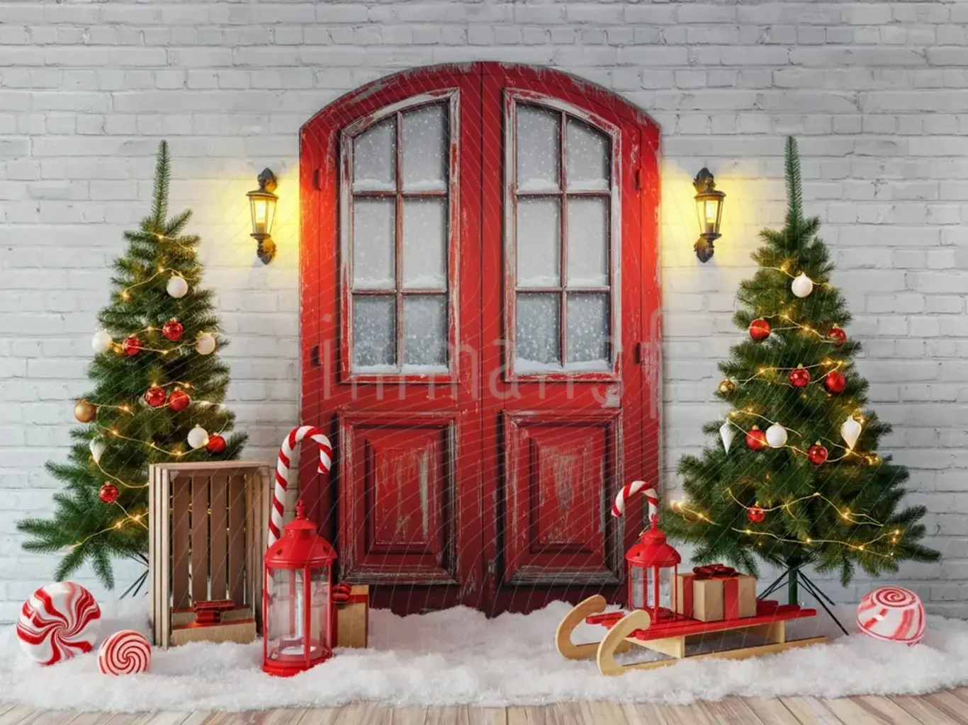 Kış Masalı: Şirin Kırmızı Kapı ve Noel Ağaçlarıyla  Arka Plan, Stüdyo Fonu