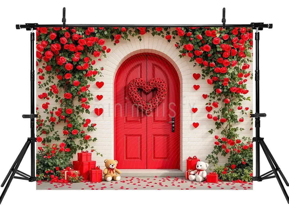 Miniatură: Un fundal plin de dragoste: fundal de studio decorat cu inimi roșii și flori