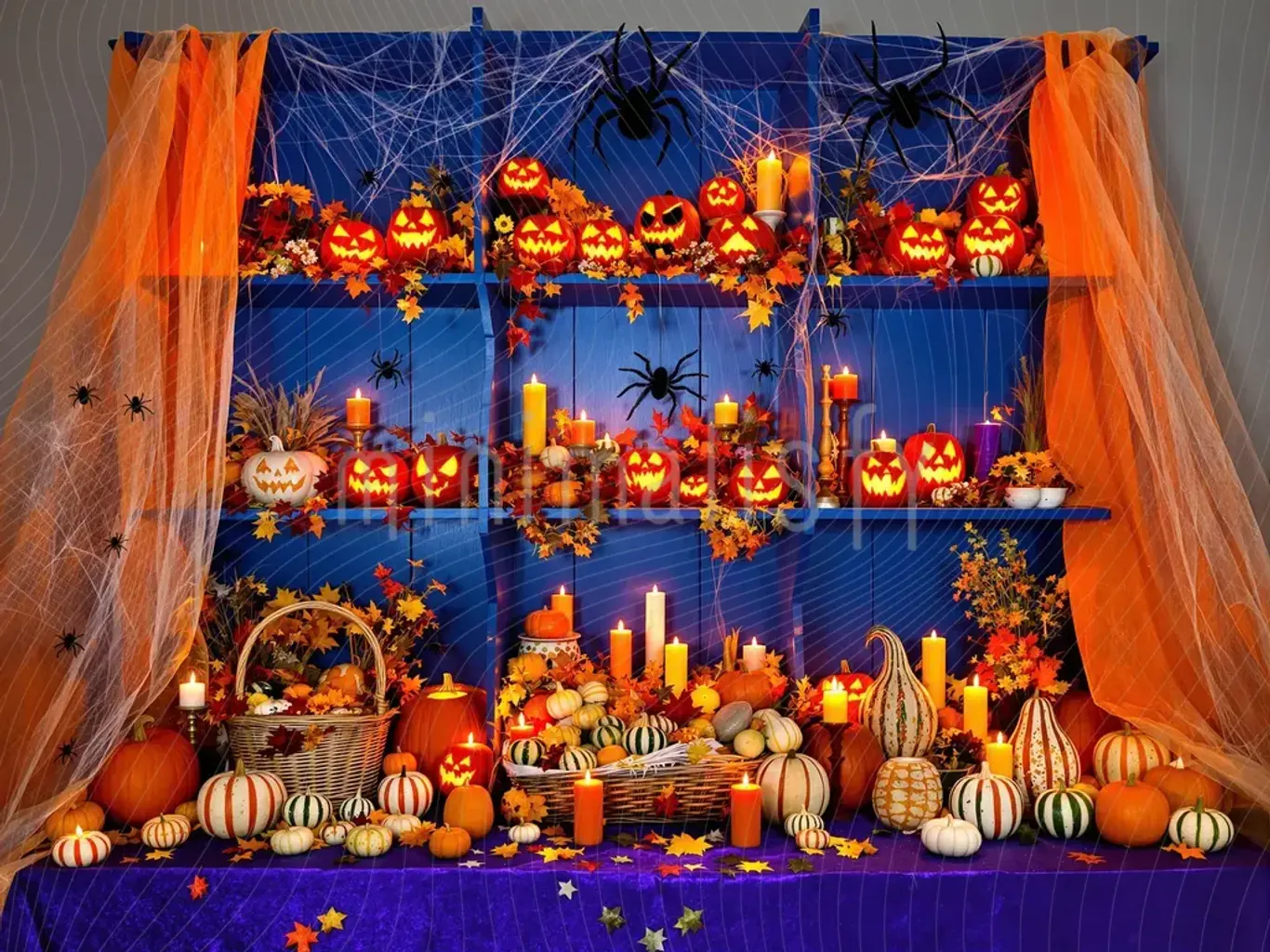 Arrière-plan d'Halloween : peaux lumineuses et thèmes effrayants, toile de fond de studio