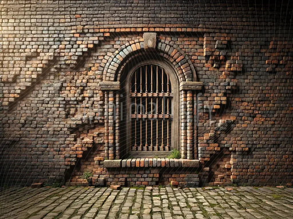 Historyczny kamienny mur i żelazne okno w tle, tło studyjne