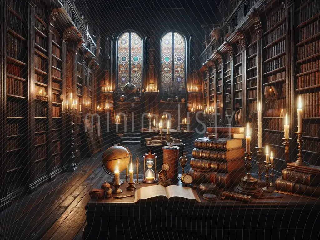 Toile de fond de studio sur le thème de la bibliothèque gothique, historique et mystique