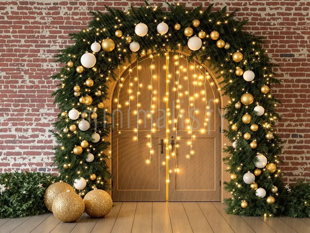 Altın Yılbaşı Işıkları ve Çam Detaylı  Arka Plan Stüdyo Fonu