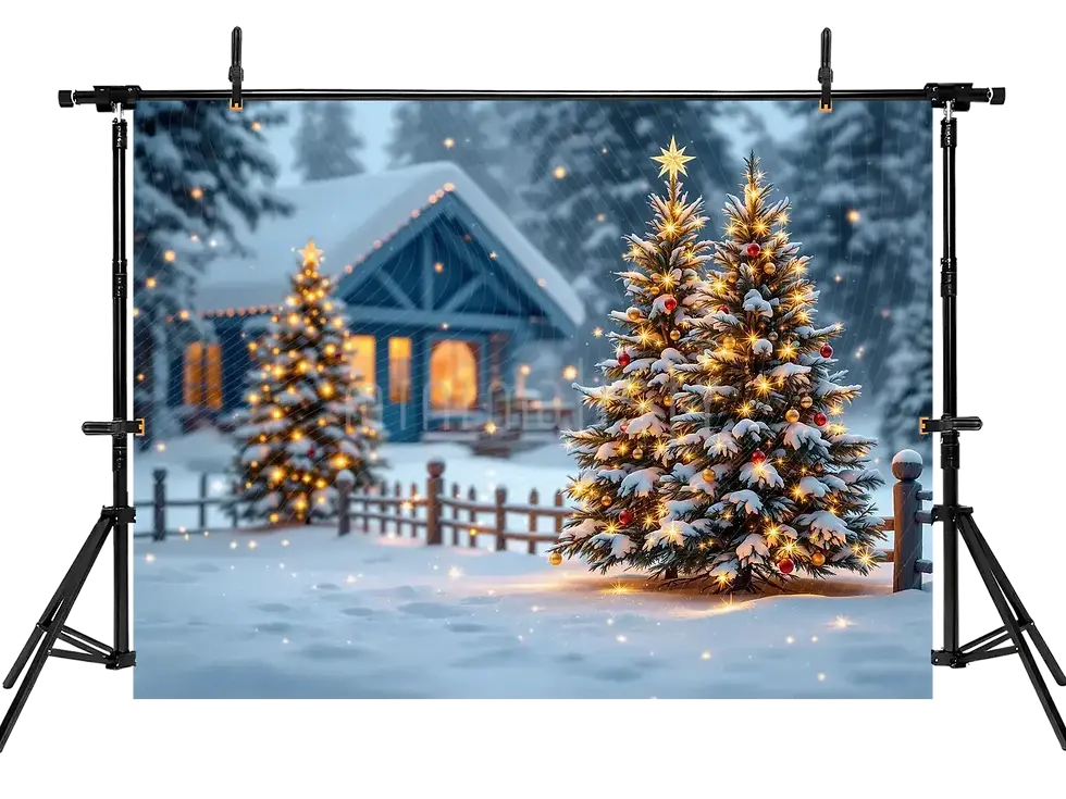Миниатюра: Зимняя сказка: яркие ёлки и тёплый дом, фон, студийный фон