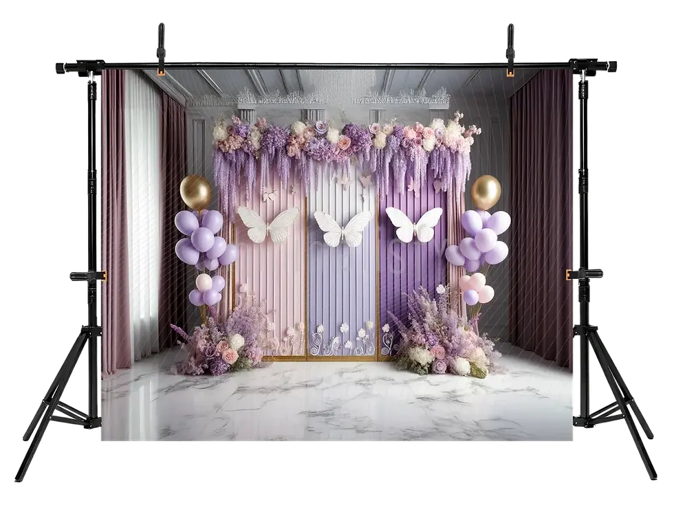 Miniature : Fond d'écran sur le thème des lilas et des papillons, toile de fond de studio élégante et romantique