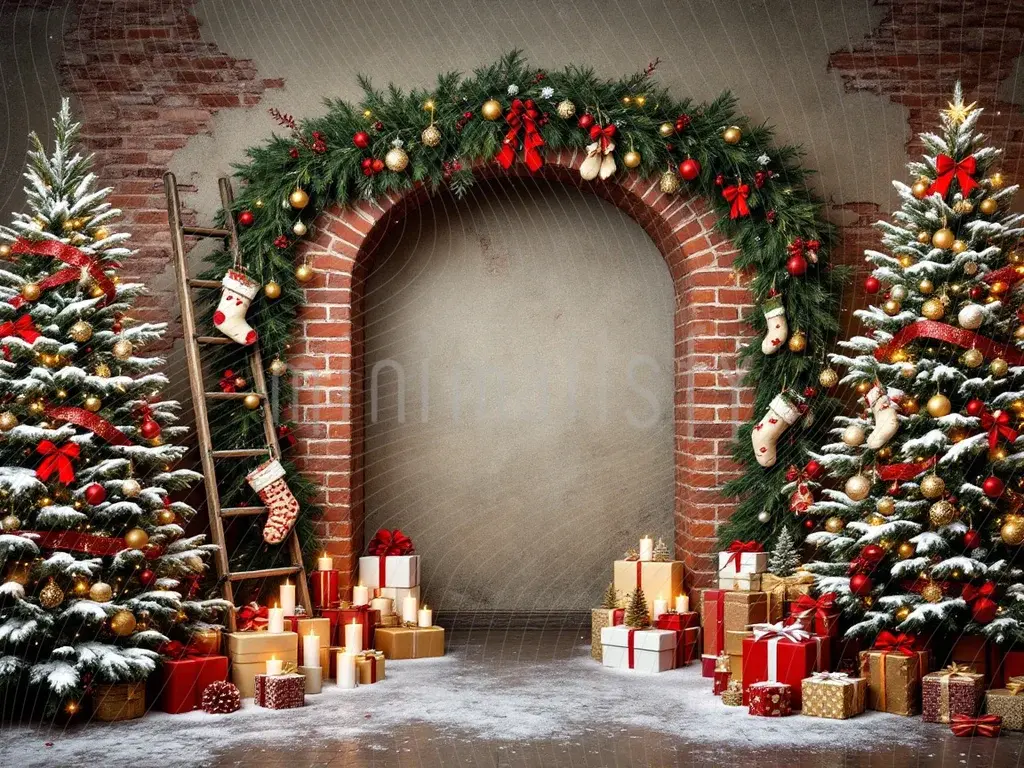 Rustik Noel: Tuğla Kemer ve Hediyelerle Süslenmiş Arka Plan Stüdyo Fonu