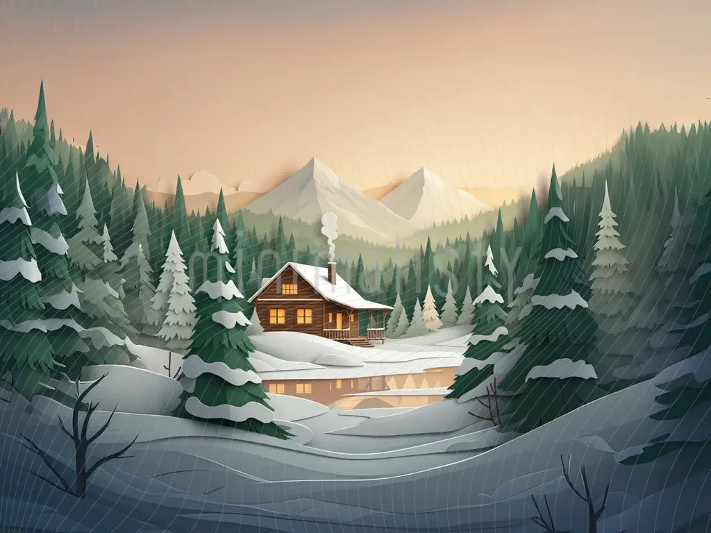 Scène d'hiver pastorale : toile de fond de studio sur le thème du chalet en bois