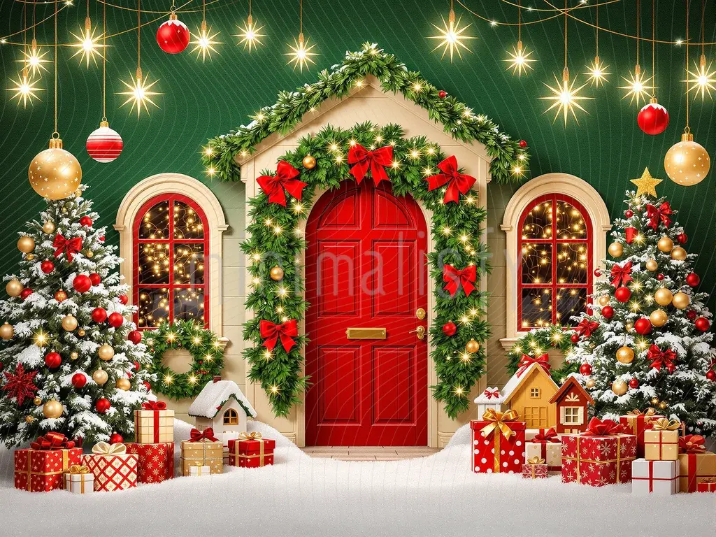 Yılbaşı Büyüsü: Süslemeli Kapı ve Noel Hediyeleri Arka Planı  Stüdyo Fonu