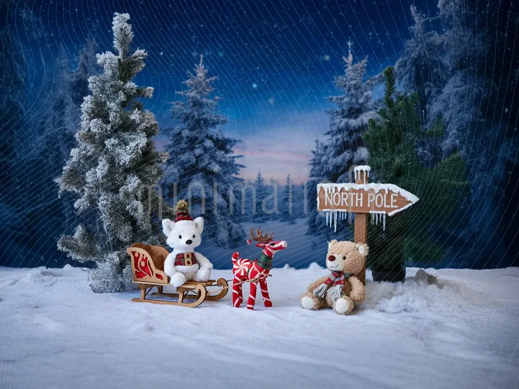 Arktischer Hintergrund: Winterspielzeug und schneebedeckte Kiefern - Studiohintergrund