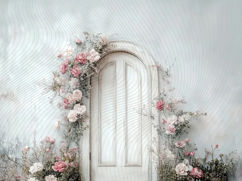 Büyüleyici Çiçeklerle Donatılmış Kapı Arka Plan, 200x150cm, Stüdyo Fonu