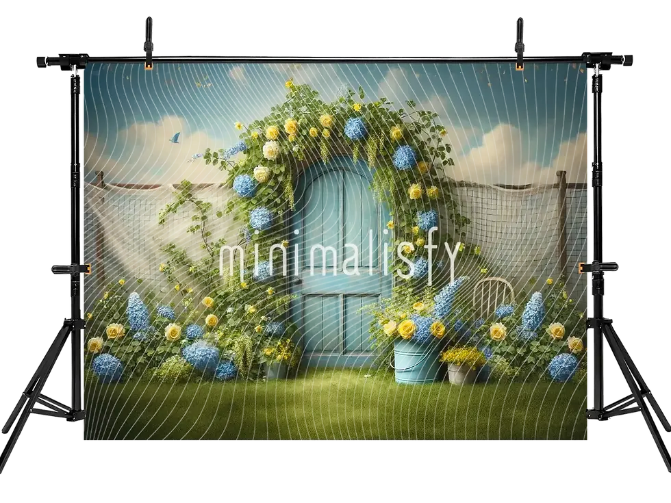 Miniaturbild: Blauer Türhintergrund mit Frühlingsfarben dekoriert, Studiohintergrund