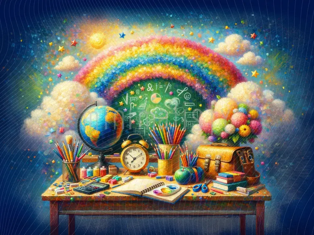 Arrière-plan coloré sur le thème de l'arc-en-ciel et du bureau d'école, toile de fond Dreamer Studio