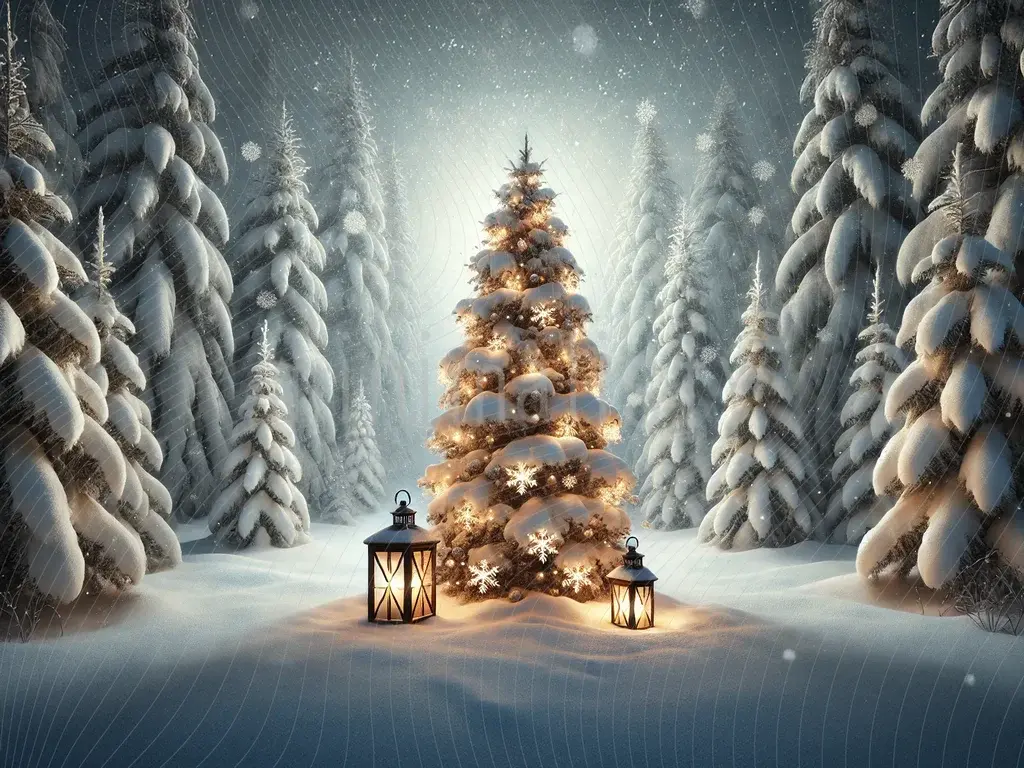 Kış Işıltısı: Yılbaşı Ağacı ve Fenerli Kar Manzaralı Arka Plan  Stüdyo Fonu