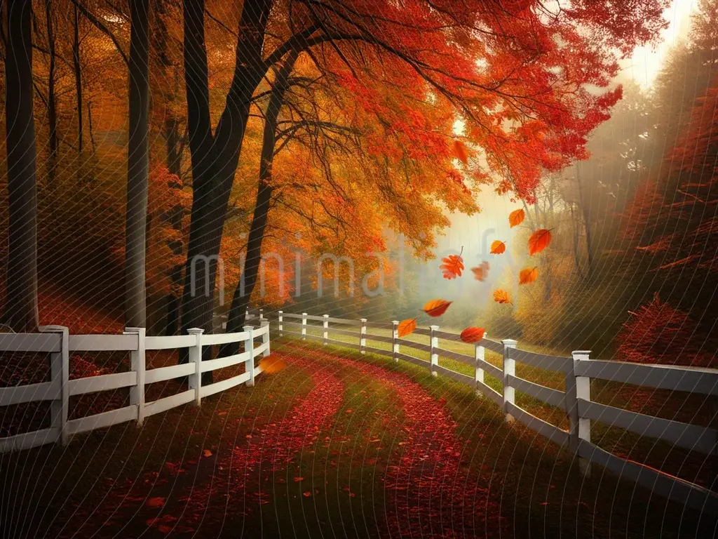 Sonbahar Yolculuğu  Beyaz Çitli Orman Yolu Arka Plan Stüdyo Fonu