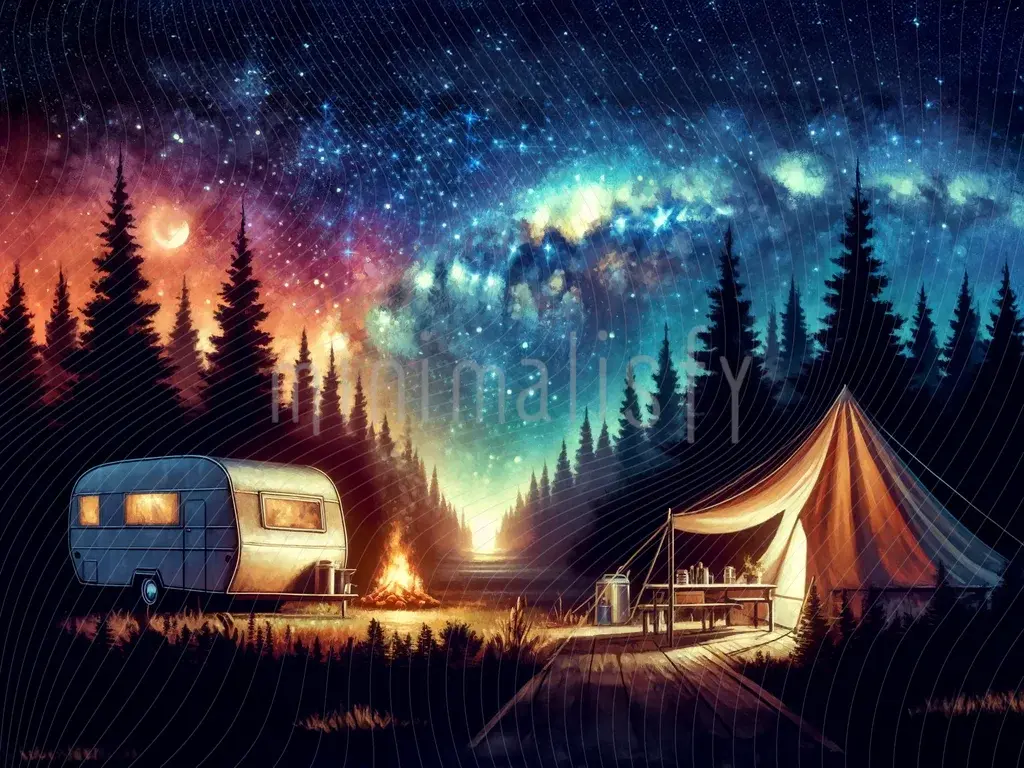 Fondo de estudio con cielo estrellado y escena de camping