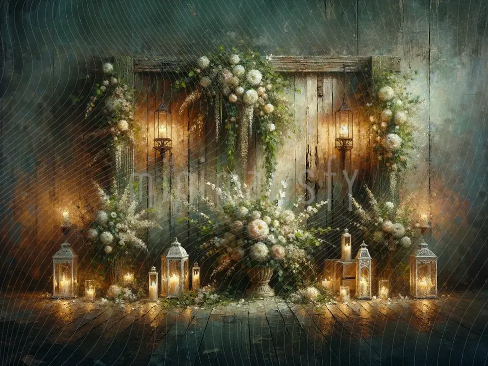 Lanternes rustiques et composition florale en toile de fond pour studio