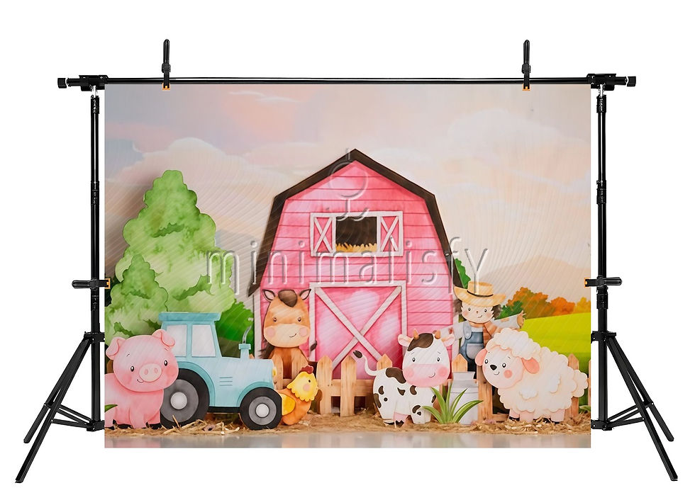 Küçük resim: Çiftlik Hayvanları ve Pembe Ahır Konseptli Parti Arka Planı Stüdyo Fonu