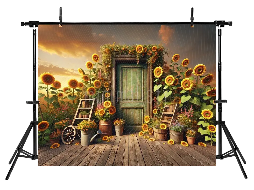 Sīktēls: Güneş Çiçeklerinin Zarafetiyle Süslenmiş Ahşap Kapı Arka Plan -  Stüdyo Fonu