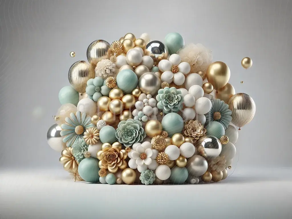 エレガントなゴールドとミントグリーンのバルーンアレンジメント - スタジオバックドロップ