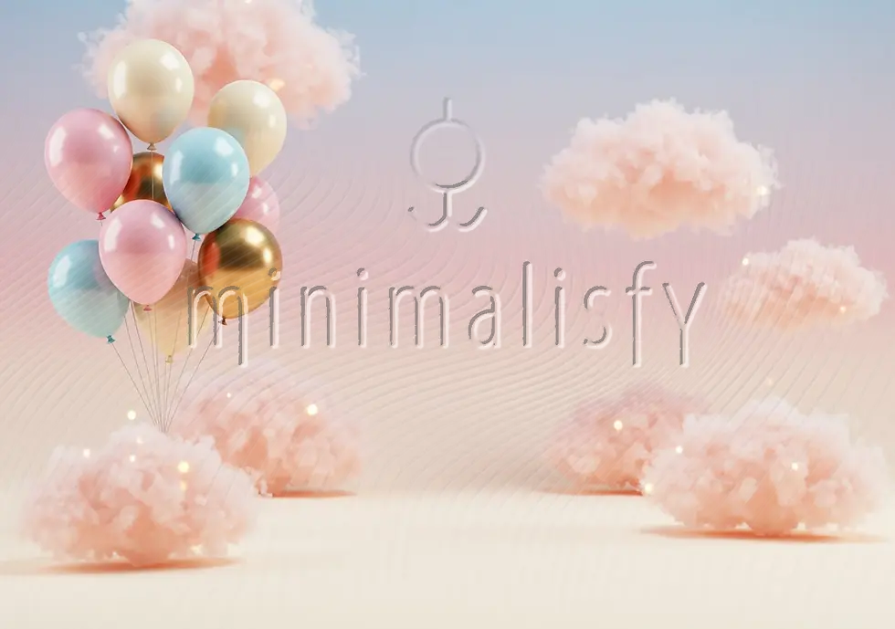 Masalsı Pastel Balon & Bulut Temalı 1 Yaş Doğum Günü Bebek Çekim Stüdyo Fonu