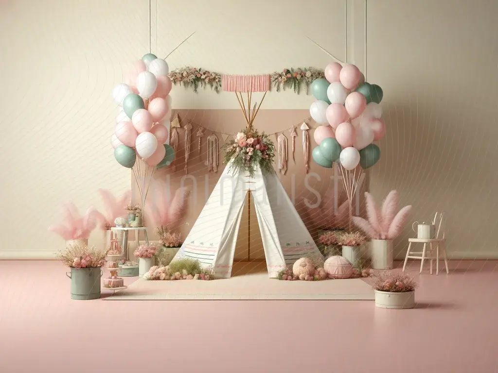 Pastel Dreams: Tent-tema baggrund Studio-baggrund med lyserøde og mynteballoner