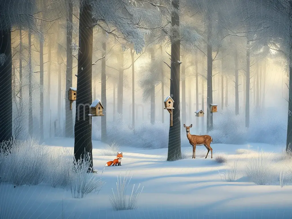 Fairytale Studio Background with Fox and Deer View in Snowy Forest