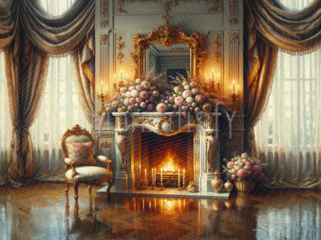 Cheminée baroque élégante et détails floraux en toile de fond pour studio