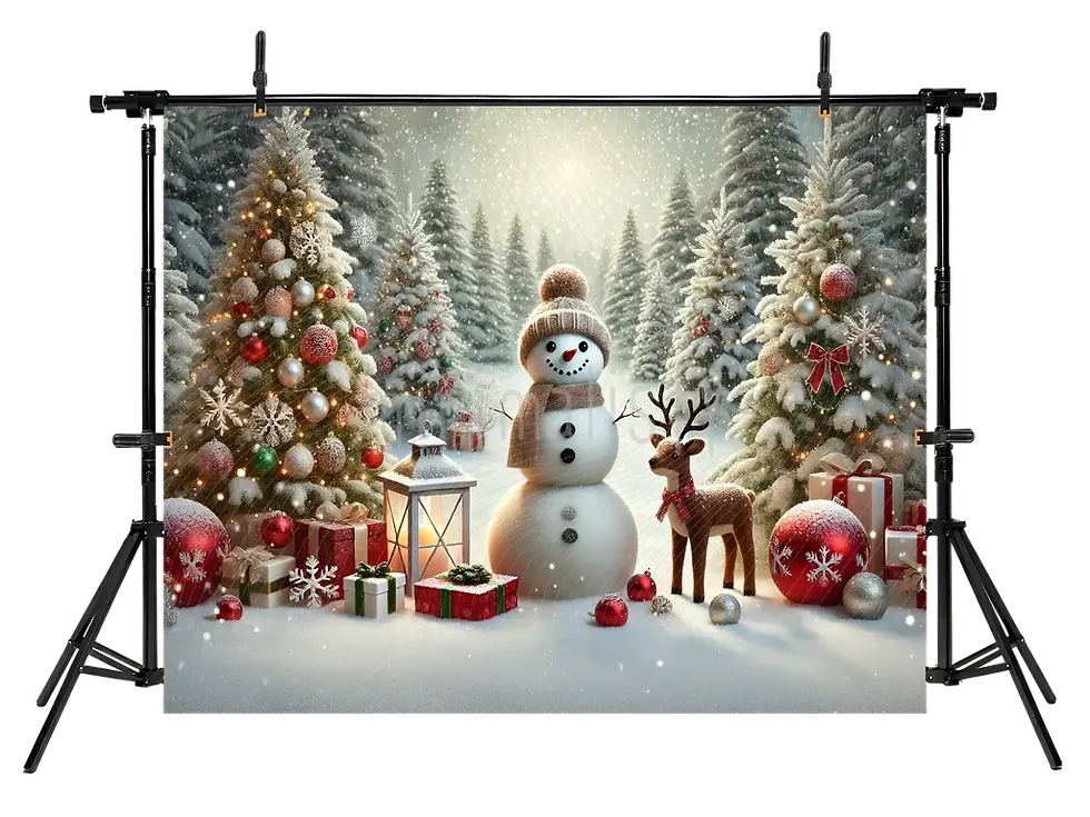 Miniature : Joie hivernale : toile de fond de studio sur le thème du bonhomme de neige et du renne