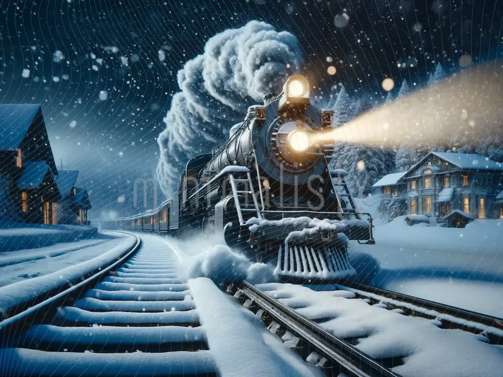 Conte d'hiver : arrière-plan de scène de neige de train à vapeur pour studio