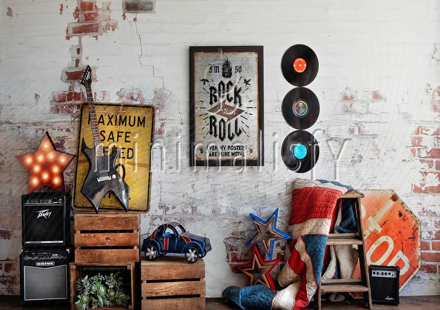 Rock N Roll Müzik Ruhu Çocuk Odası Dekor Baskılı Kumaş Fon