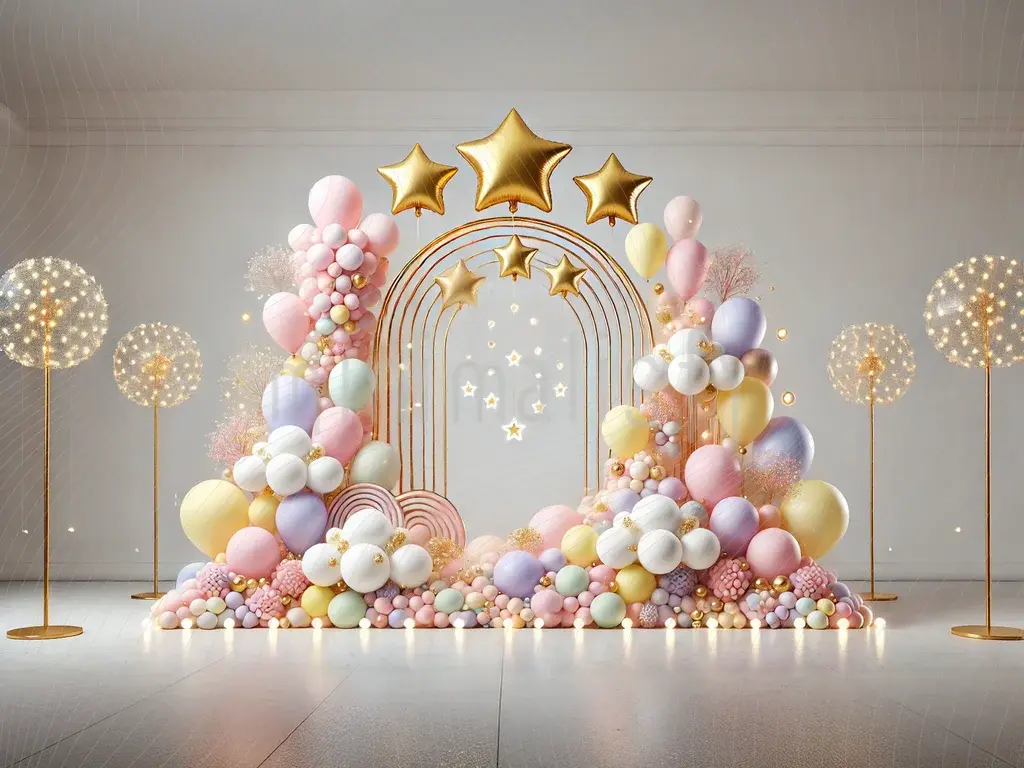 Glittery Studio Backdrop with Pastel Balloons and Gold Stars