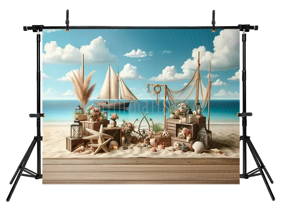 Küçük resim: Deniz Kenarı Yelkenli ve Dekoratif Arka Plan  - Stüdyo Fonu