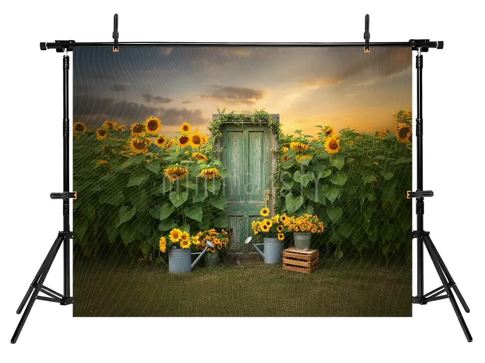 Sīktēls: Ayçiçeği Bahçesinde Rustik Kapı Detaylı  Arka Plan Stüdyo Fonu