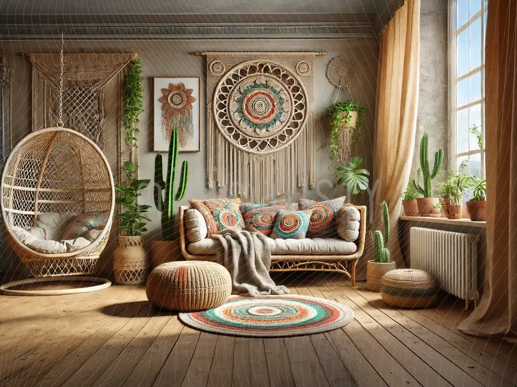 Fond de studio où le chic bohème rencontre des couleurs uniques