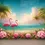 Miniature : Flamants roses tropicaux et jardin de fleurs – Toile de fond pour studio