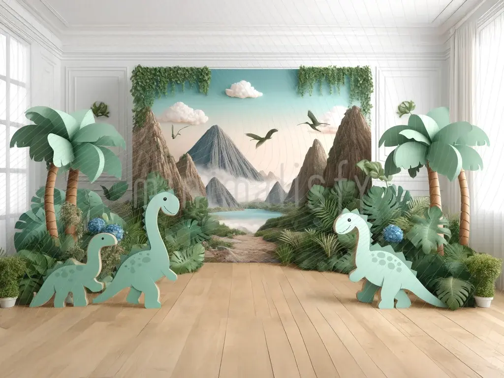 Toile de fond de studio avec des dinosaures et une vallée tropicale