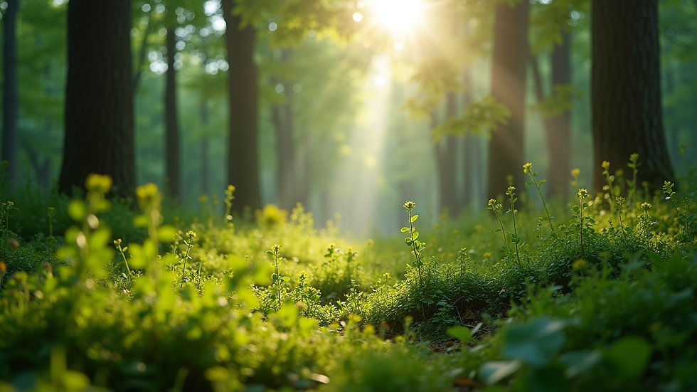 Eye-level view of a lush green forest with sunlight filtering through the trees