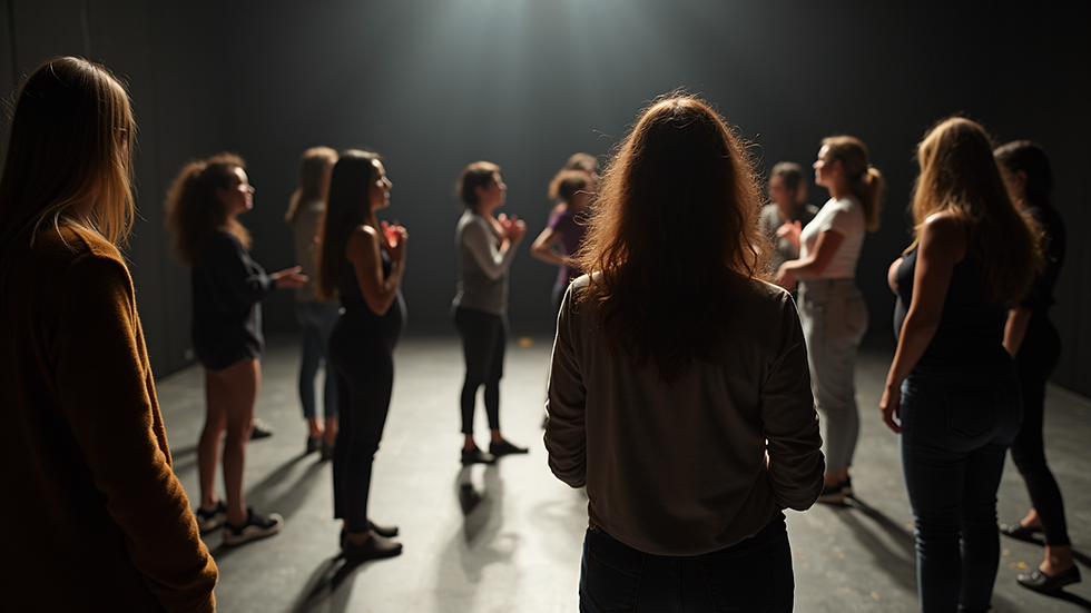 Vista de un grupo de personas en un taller de teatro, participando en una actividad de improvisación