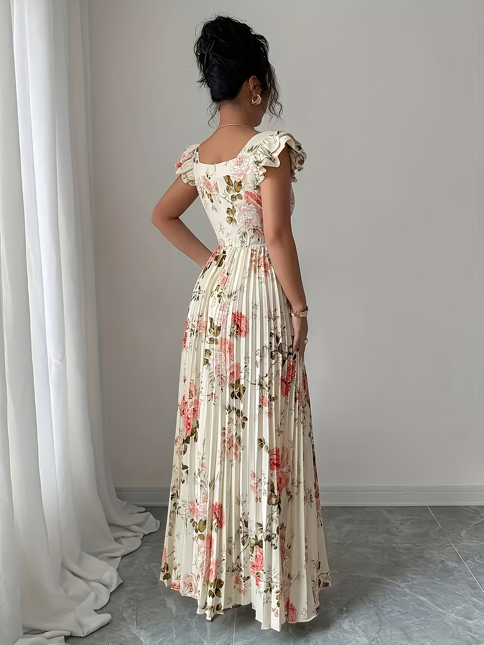 Thumbnail: Elegant Beige Floral Pleated Midi Dress with Ruffle Square Neck and Stretch High