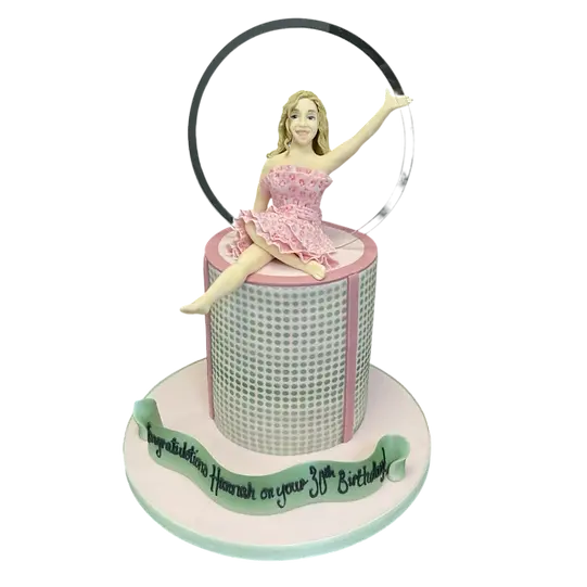 Bespoke Lady in a Hoop celebration cake with elegant fondant figure, intricate hoop design, Solihull, West Midlands.