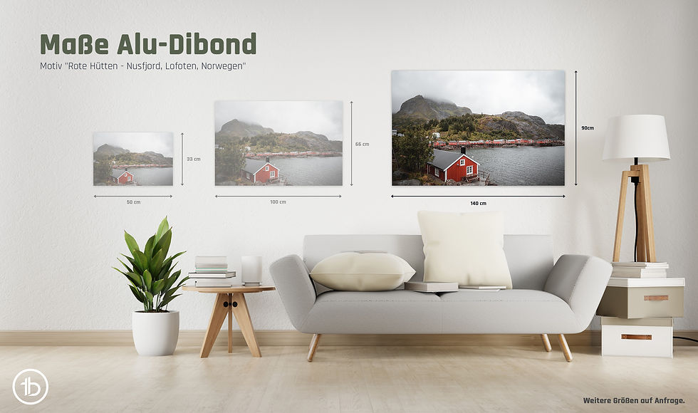 Miniaturbild: Alu-Dibond quer | Rote Hütten - Nusfjord, Lofoten, Norwegen