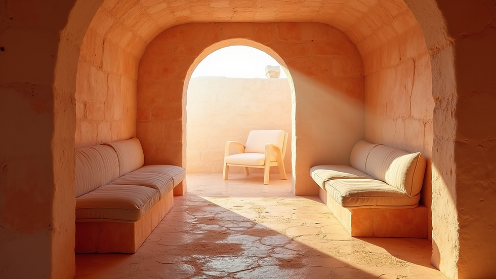 Eye-level view of a cozy salt room with soft lighting and comfortable chairs