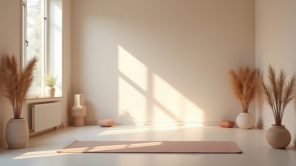 Wide angle view of a serene yoga studio with soft lighting