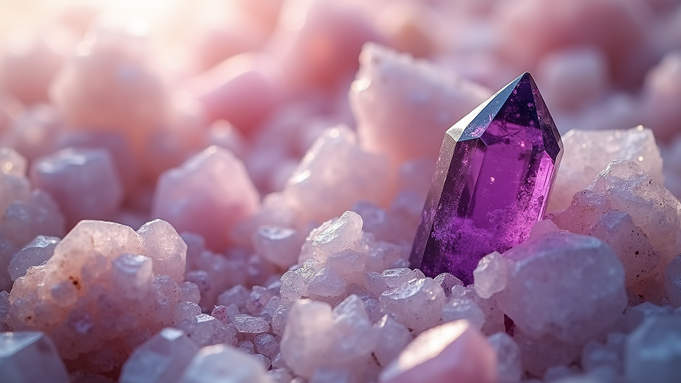 High angle view of a crystal arrangement with vervain