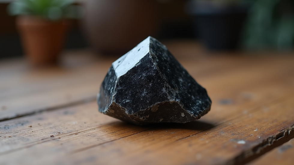 Close-up view of black tourmaline crystal on a wooden surface