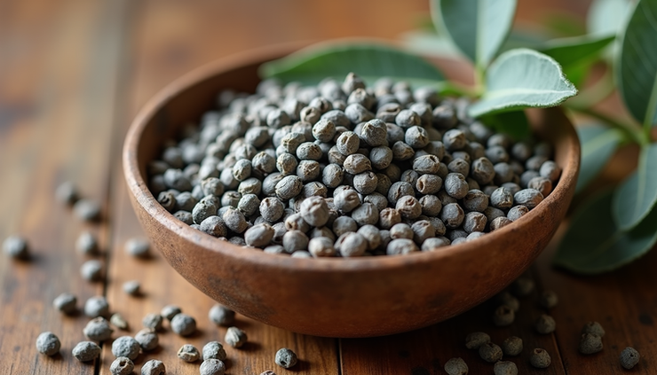 Eye-level view of a small bowl with Mato Gris seeds and sage leaves