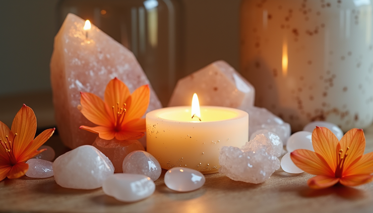 Eye-level view of a small altar decorated with primrose flowers and crystals