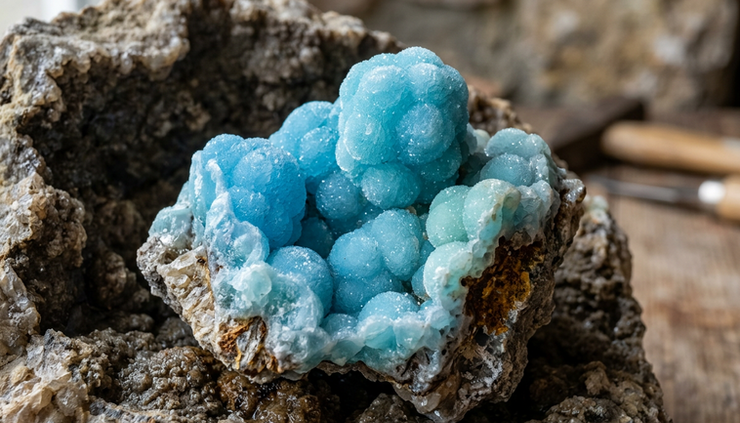 Eye-level view of a blue hemimorphite cluster with rounded grape-like forms.