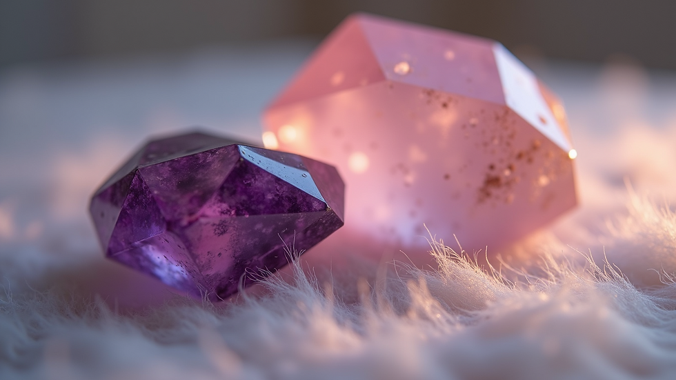 Close-up view of a crystal healing setup with amethyst and rose quartz stones