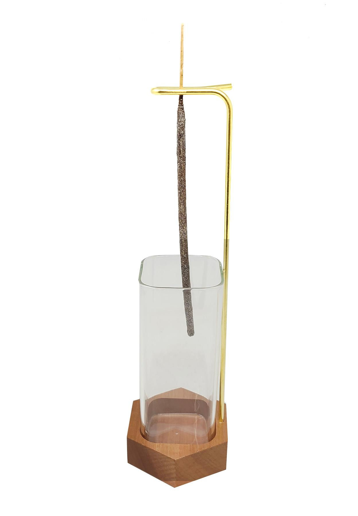 Upside Down Incense Holder with Wooden Base and Glass Ash Catcher